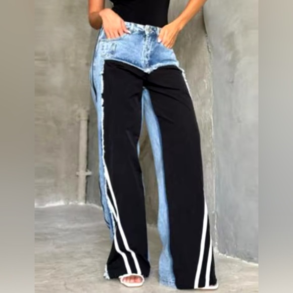 NEW WOMEN’S PATCHWORK STRIPED DENIM JEANS - Picture 3 of 3